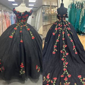 Abito da Quinceanera con ricamo floreale, scintillante palla di tulle, mela cotogna messicana, dolce 15/16, abito da festa di compleanno per quindicesima ragazza, dramma, inverno, formale, ballo di fine anno, spalle scoperte, nero