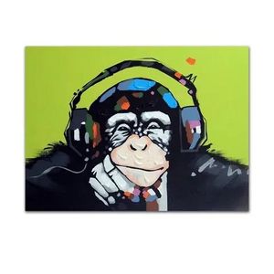 Målningar Monkey Chimp Earphones Musik handmålade moderna tecknad djurpopkonstoljemålning på duk museumskvalitet multi size j066