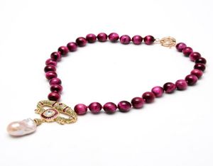Guaiguai smycken naturlig slät rund fuchsia tiger ögonhalsband kubik zirkonia cz pave rosa keshi pärlhänge för kvinnor3937412