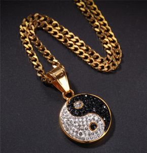 Rostfritt stål tai chi pendent pave cz sten kinesisk stil yin yang halsband hip hop smycken med 24 tum kubansk länk kedja6649475