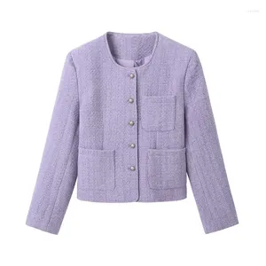 Giacche da donna Cappotto corto da donna coreano viola solido Cappotto da donna corto di alta qualità O-collo Slim Lady Abiti dolci Autunno Elegante bottone Donna Giallo francese