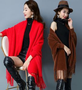 Autumn and Winter Mink Cloak Coat Women039s Thicked DualPurpose Scarf Solid Color Cardigan Cloak med ärmar bärbar sjal9339722