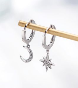 Star Moon Asymetryczne 925 Sterling Srebrny sześcienne kolczyki z cyrkonią dla kobiet moda CZ Circle Ear Ring Earmes Biżuteria 7909850