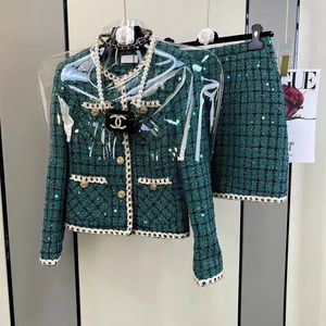 Women Elegant Vintage Tweed Fragrant Suit Jacke Coat Top And Skirt Two Piece Set Green Outfit Winter Jacquard Party Clothing 231225