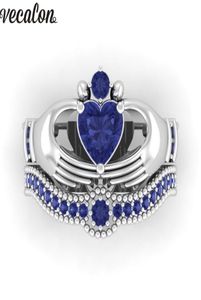 Miłośnicy Vecalon Blue Birthstone Claddagh Pierścień 5A Cyrron CZ Białe złoto wypełnione zaręczynami Pierścień Weddła Pierścień dla kobiet Prezent7428554