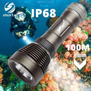 Torches IP68 Torch Flashlight Diving Torch يمكن أن يغوص 100 متر دوار مفتاح التبديل مؤشر RA80 برمائية بحلول 18650/26650 البطارية J2207