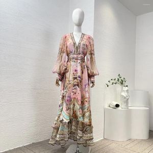 Casual Dresses Silk High Quality 2023 Summer Pink Floral Printing Buttons Pleated Flounce Women Midi Dresss