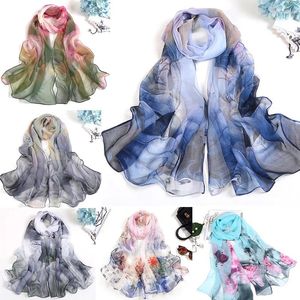 Scarves Spring Summer Women Floral Printing Beach Silk Scarf Shawls Female Long Wraps Lotus Leaf Rose Flower Sunscreen Hijab