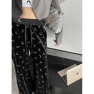 Women's pants autumn and winter moon printed velvet pants elastic waist loose waist and straight leg pants