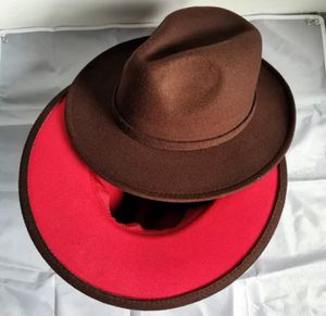 2020 Trend Kawa i czerwona patchwork Women Men Wide Brim Fel Fel Hats Lady Panama Vintage Unisex Fedora Hat Jazz Cap L XL8301896
