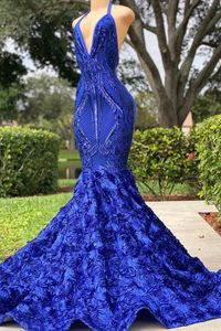 Blue Elegant Royal Cascading Lace Flowers Prom Dressess Sexy Mermaid Halter Neck Appliques Sequins Satin Long Evening Gowns Backless Party Vestidos