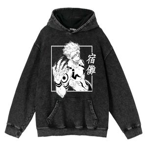 Anime vintage hoodie män jujutsu kaisen gojo satoru tryckt tröjor retro tvätt hoody casual överdimensionerad unisex coat streetwear