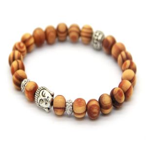 Ganz neue Ankunftsprodukte 8 mm antike silberne Buddha-Kopf-Perlenarmbänder mit schönen Holzperlen Jewelry277b