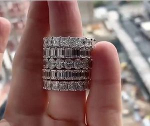 Luksusowy 925 Srebrny srebrny ślub zaręczynowy pierścionki koktajlowe dla kobiet Pave Square Emerald Cut Symulowany diamentowy zespół Pierścień Gemston3920220