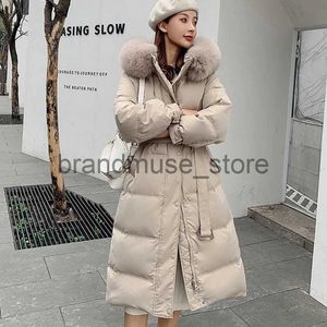 Women's Down Parkas Winter Big Fur Hood Puffer Jacket Knäslängd Slim White Duck Down Padded Overcoat With Belt Office Lady Down Parkas JK-884 J231226