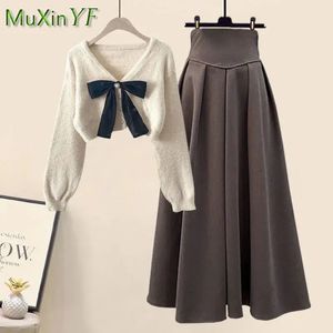 Frühling Herbst in passenden Sets Damenmode Slim Bow SweaterHohe Taille Rock Zweiteiler Set Korean Chic Kleid Anzug 231225