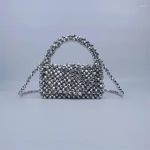 Evening Bags Vintage INS Handmade Beaded Weaving Handheld Crossbody For Woman Fashion Trend Silver Women's Small Square Bag