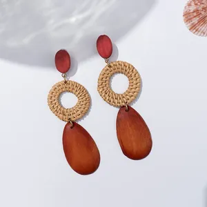 Stud Earrings Geometric Drop Korean Dangle For Women Girls Oversize Round Straw Wicker Style Jewelry Summer Beach Accessories