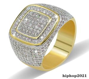 Hiphop CZ Diamond Rings for Mens Full Diamond Square Gold Plated Jewelriy8339653
