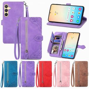 Multifunktionale Hüllen für Samsung S24 Plus Ultra A15 A35 A55 A25 5G Xiaomi 14 Pro Reißverschluss Leder Brieftasche Spitze Blumendruck Ständer Mädchen Dame Flip Cover Karte Geldbeutel