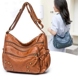 Moda Kahverengi Çanta Kadınlar Vintage Yumuşak PU Deri Çantalar Büyük Kapasite Tote Çanta Birçok Cep Messenger Çantası 231226