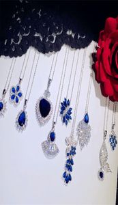 Naszyjniki wisiorki dla kobiet solidne 925 srebrny szafir niebieski sześcienna cyrkonia luksusowa drobna biżuteria