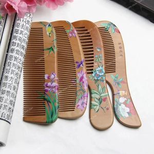 Escovas 1 Pcs Pente de Madeira de Pêssego Flor Pintada Antiestática Natural Cabeça Massagem Pente Artesanal Pente de Cabelo De Madeira Ferramentas de Estilo de Cabelo para Presente St