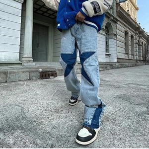 Jeans da uomo Harajuku Star Lettera Ricamo Giunzione Tubo dritto Pantaloni svasati Retro Split Grande abbigliamento casual alla moda in denim