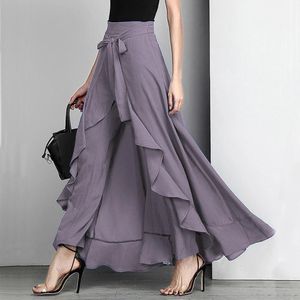 Dresses Women Chiffon Palazzo Pants Elegant TieWaist Ruffles Wide Leg Trousers Casual Loose Solid Long Skirts Female Party Maxi Dress