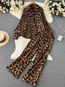Singreiny Leopard Vinage Casual Autumn Suits Loose Folds Lapel Blus Topswide Long Pants Streetwear Women Two Pieces Suits 231225