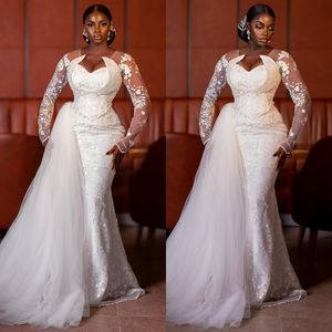 Illusion Trumpet Wedding Dress for Bride V Neck Long Sleeves Lace Mermaid Bridal Gowns with Detachable Tulle Train African Arabic Country Style Beach Chapel D074