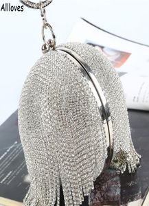 Sliver diamantes strass bola redonda bolsas de noite para mulheres cristais brilhantes moda mini borlas bolsa embreagem senhoras anel hand2226612