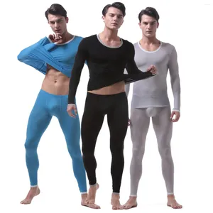 Men's Thermal Underwear Male Ice Silk Undershirt Sets Ultra-thin Transparent Causal Tracksuit Long Sleeve Tops Trousers Men Pajamas Suit
