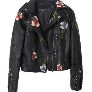 Autumn Floral Print Embroidery Faux Soft Leather Jacket Women Pu Motorcycle Coat Female Black Punk Zipper Rivet Outerwear 231226