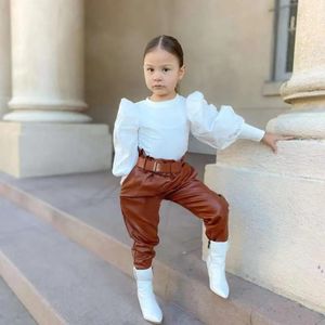 Sets Kids Girls Autumn Clothes Sets Baby Puff Long Sleeve Ribbed Tops PU Leather Long Pants Belts Children Outfits 16T