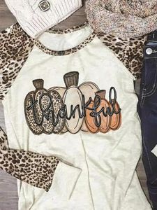 女性用Tシャツ感謝祭のTシャツ女性用カボチャ野球O-Necklong Sleeve Top Leopard Stripeスプライシングシャツ