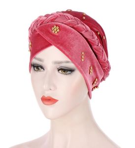 Beanieskull Caps Gold Velvet Inner Hijabsイスラム教徒のターバン女性民族イスラムラップヘッドターバンテhijab bonnet1435838を着用する準備ができています