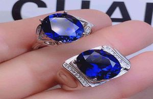 Blue Crystal Sapphire Gemstones Diamonds Rings för män Kvinnor Par Vitt guld Silver Color Jewelry Bijoux Bague Wedding Presents7910470