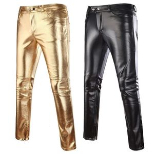 Mens Skinny Brilhante Ouro Prata Preto PU Calças De Couro Da Motocicleta Homens Boate Palco para Cantores Dançarinos Calças Casuais 231225