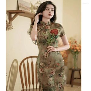 Party Dresses Chinese Dress Woman Elegant Temperament Qipao Modern Young Lady Short Sleeve Flower Printed Cheongsam Evening