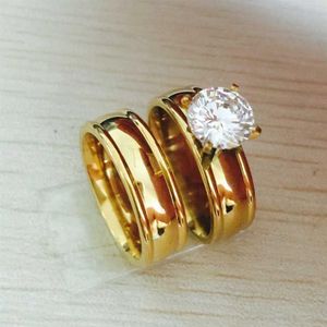 18k banhado a ouro grande cz diamante 316l aço inoxidável casais anéis conjunto para homens mulheres noivado aniversário amantes par anéis263k