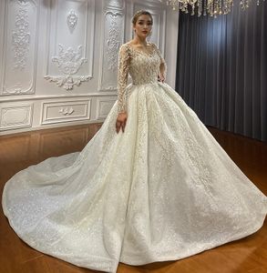 Beliebtes Ballkleid-Hochzeitskleid 2024, U-Ausschnitt, Perlenstickerei, Spitze, Applikationen, lange Illsuion-Ärmel, Damen-Brautformelle Kleider, Vestidos de Novias, Robe De Mariee, maßgeschneidert