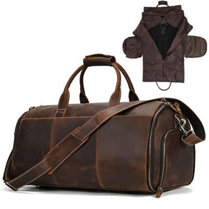 Crazy Horse Leather Folding Suit Bag Man Business Travel Bag With Shoe Pocket kläder täcker bagage duffel väska man väska för kostymer 231226