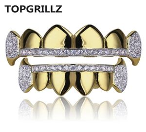 Topgrillz Gold Hip Hop Teeth Grillz Micro Pave Cubic Zircon Topbottom Fangs Tight Grills Set Holle -ween Gift Idea2492788