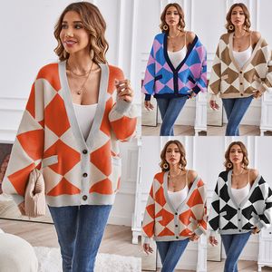 Sweaters V-neck Geometric Patchwork Color Contrast Knit Cardigan Knitted Plaid Tops Long Sleeve Print Women Clothes Jumper PU Elbow Patchwork Plus Size Sweater