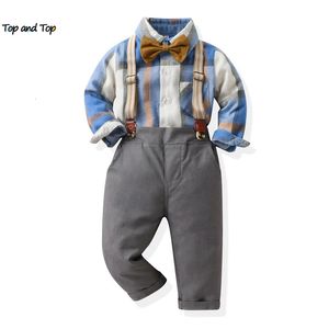 Üst ve Üst Toddler Çocuklar Erkek Beyefendi Giyim Setleri Uzun Kollu Ekose Bowtie Gömlekleri Noel için Pantolon Kıyafetleri 231225