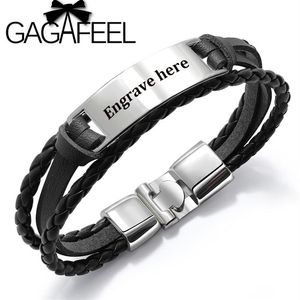 GAGAFEEL 4 Färger Anpassad gravering Bangle för män Punk Multilayer Armband Rostfritt stål PU -läder Bangle Specialgåva för Male274R