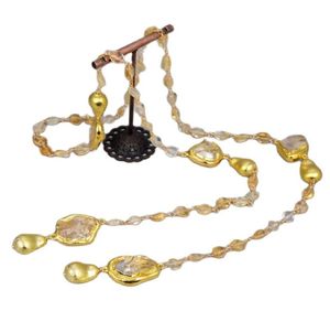 Guaiguai Jewelry Yellow Citrines Gold Color Plated Brushed Bead Long Necklace 40quot 스웨터 체인 목걸이 여성을위한 수제 R2318610