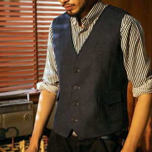 Men's Tweed Wool Vest Herringbone Pattern Retro Slim Groom Wedding Business Casual British Customization