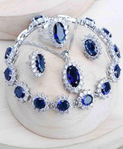 Silver 925 Women Bridal Jewelry Sets Blue Zirconia Costume Fine Jewellery Wedding Necklace Earrings Rings Bracelets Pendant Set5844901